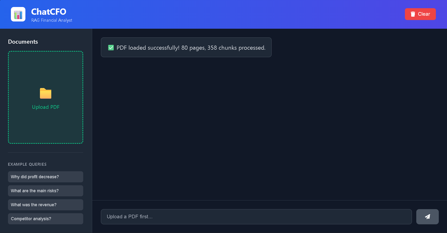 ChatCFO interface showing AI-powered query on a 200-page financial PDF
