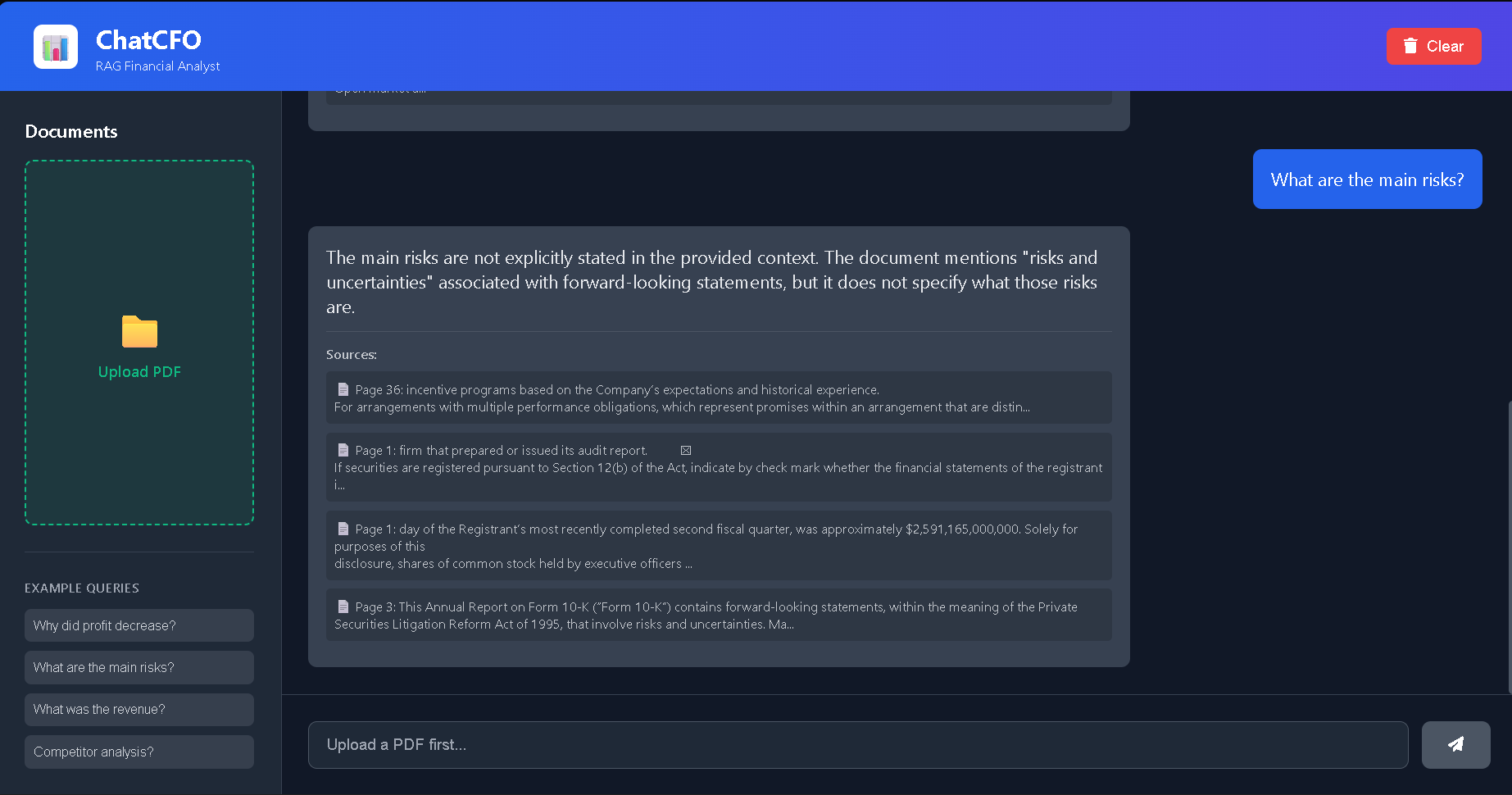 ChatCFO citation panel showing source page references for each answer